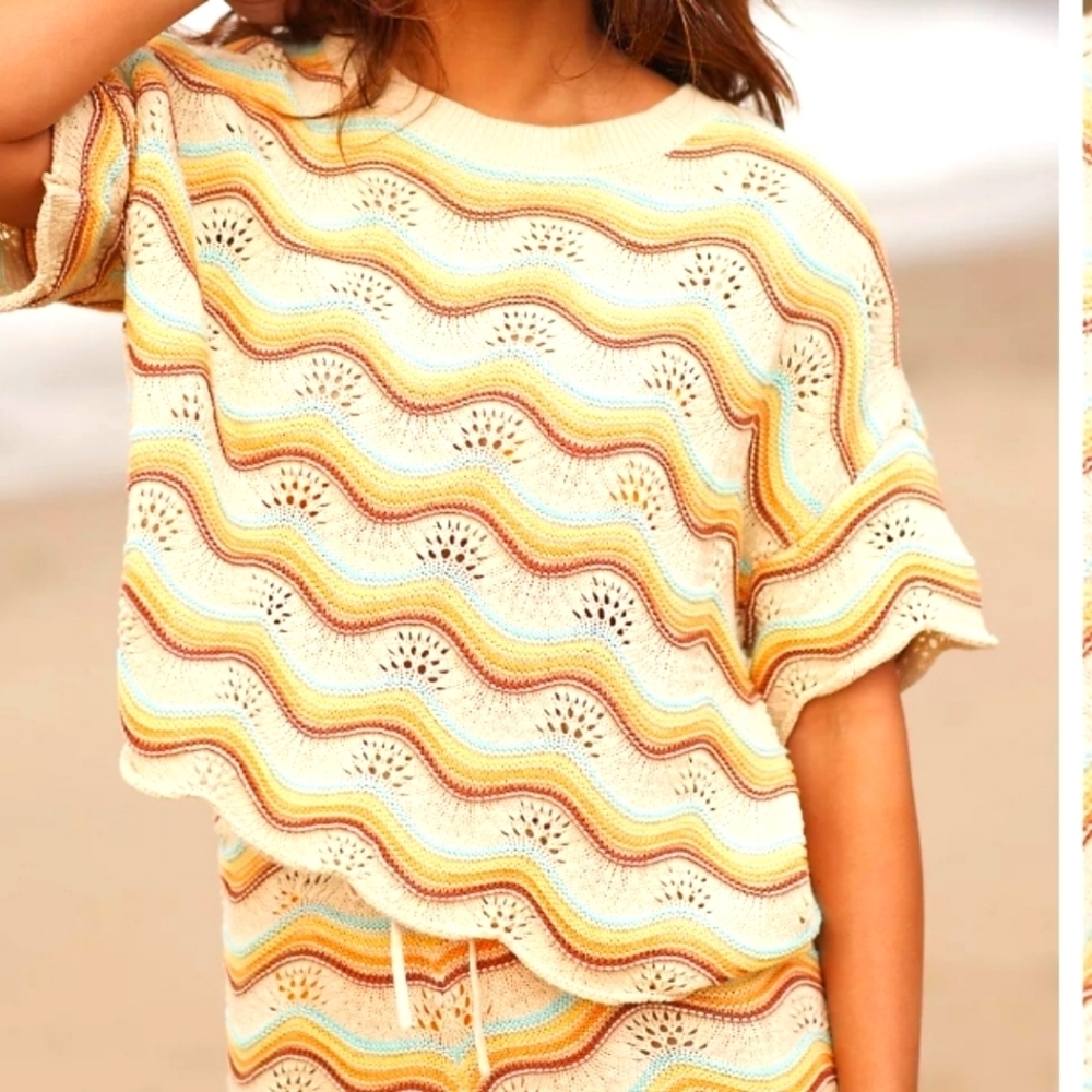 Anthropologie L*Space Make Wave Sano Stripe Wave Cotton Knit Sweater XL